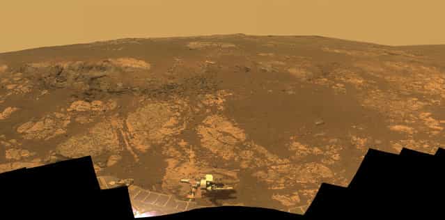 As Opportunity reached the ninth anniversary of its landing on Mars, the rover was working in the Matijevic Hill area, seen in this view from Opportunity's Pancam. Opportunity landed January 24, 2004. The landing site was about 12 miles (19 kilometers), straight-line distance, or about 22 miles (35.5 kilometers) driving-route distance, from this location on the western rim of Endeavour Crater. The field of view encompasses most of the terrain traversed by Opportunity during a [walkabout] in October and November 2012 to scout which features to spend time examining more intensely. (Photo by NASA/JPL-Caltech/Cornell/ASU/The Atlantic)