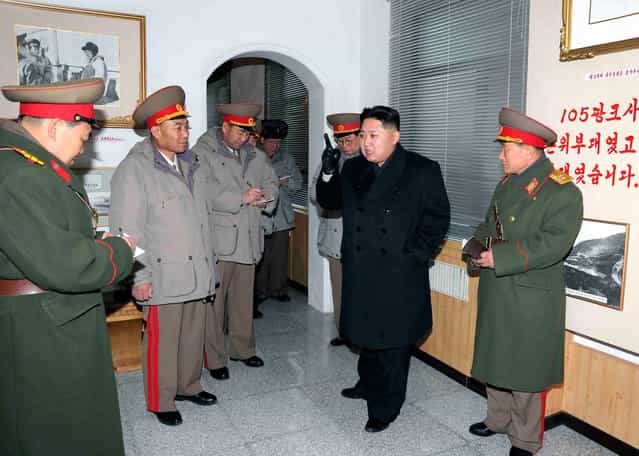 Kim Jong Un speaks during a trip to the Seoul Ryu Kyong Su 105 Guards Tank Division of the Korean People's Army (KPA) in Pyongyang, in this picture released on January 1, 2012. (Photo by Reuters/KCNA)