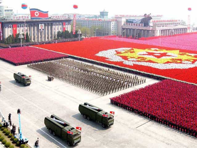 Rockets are carried by military vehicles during a military parade in Pyongyang, on April 15, 2012. (Photo by Reuters/KCNA)