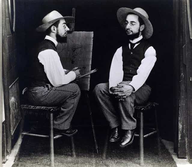[Henri de Toulouse-Lautrec as Artist and Model] by Maurice Guibert, ca. 1890. The [duplex], or [polypose], picture was a popular trope that lent itself to endless comic variations and imaginative one-upmanship. The motif also appealed to artists, who occasionally created playful duplications of themselves. The French painter Henri de Toulouse-Lautrec, who was also an avid amateur photographer, collaborated with his friend Maurice Guibert on this double portrait in which he plays the roles of both artist and model, each regarding the other with cool irony. (Photo courtesy of The Metropolitan Museum of Art)