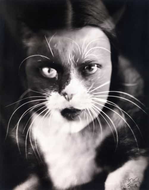 [Io + gatto] by Wanda Wulz, 1932. Wulz, a portrait photographer loosely associated with the Italian Futurist movement, created this striking composite by printing two negatives – one of her face, the other of the family cat – on a single sheet of photographic paper, evoking by technical means the seamless conflation of identities that occurs so effortlessly in the world of dreams. (Photo courtesy of The Metropolitan Museum of Art)