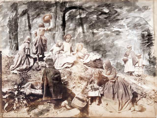 [Study for Holiday in the Wood] by Henry Peach Robinson, 1860. After the controversy stirred up by his depiction of a dying girl in Fading Away, Robinson chose a more anodyne rural scenario for his next major composition, A Holiday in the Wood. Over the course of two sunny days in April 1860, he exposed six separate negatives of models frolicking in his backyard studio. While waiting for another sunny day on which to photograph the woods a few miles away – it was an exceptionally rainy year – he made this trial print, on which he painted the wooded background by hand to help him envision the completed composition. The close correspondence between the study and the final image is evidence of Robinson’s precise preconception of his pictures. (Photo courtesy of The Metropolitan Museum of Art)