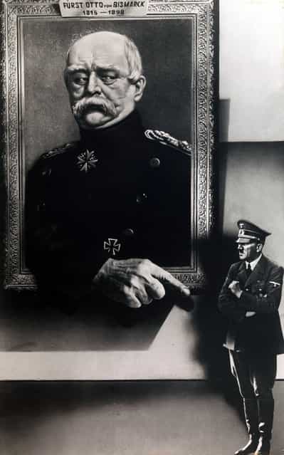 [The Corporal is Leading Germany into a Catastrophe] by Alexander Zhitomirsky, 1941. Working under the auspices of the Soviet propaganda ministry, Zhitomirsky produced posters and leaflets that were dropped from Soviet fighter planes as part of a campaign to demoralize German soldiers during World War II. Here, Germany’s [Iron Chancellor], Otto von Bismarck (1815–1898), comes back to life in a painted portrait to point an accusing finger at the diminutive Führer (who never rose above the rank of corporal during his World War I army service), casting doubt on Hitler’s credentials as a military leader. (Photo courtesy of The Metropolitan Museum of Art)