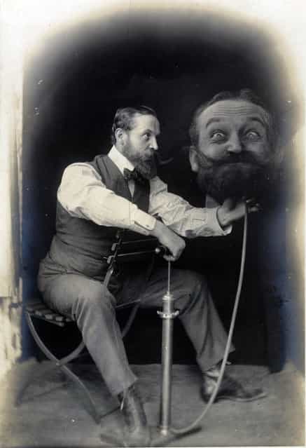 [Un Coup de Pompe, S.V.P.] by Unknown, French, 1899. Around the turn of the twentieth century, decapitation was a hugely popular theme among photographers, stage magicians, and early filmmakers such as Georges Méliès. This photograph of a bearded gentleman tenderly inflating an enlarged duplicate of his own head with a bicycle pump graced the cover of the amateur photography magazine Photo Pêle-Mêle in 1903. Apparently, balloon heads were in the air in Belle Époque Paris. Two years earlier, Méliès had produced a short film, L’homme à la tête de caoutchouc (The Man with the Rubber Head, 1901), in which a scientist inflates a replica of his own head with a bellows. (Photo courtesy of The Metropolitan Museum of Art)