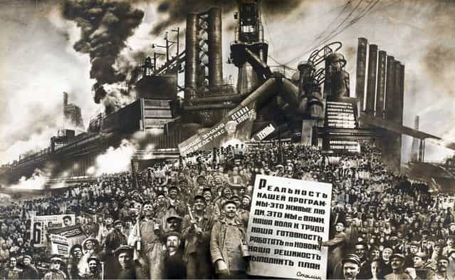 [The Reality of Our Plan is Active People] by Mikhail Rozulevich, 1933. Razulevich initially produced this photomontage in 1932 to decorate Leningrad’s Uritsky Square (now Saint Petersburg’s Palace Square) for the fifteenth anniversary of the October Revolution. The artist combined more than three hundred images from the state archives into an enormous, seamless whole, about twenty-three yards long. The industrial landscape in the background was a composite of several images of the major construction projects undertaken as part of Stalin’s first Five-Year Plan (1928–32). Smaller copies of the photomural were installed in train stations throughout the city. (Photo courtesy of The Metropolitan Museum of Art)