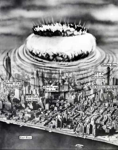 [New York Nightmare: Air-burst Atomic Bombs Make Cities in the Northeast Obsolete...] by John Carlton, 1949. The sheer impossibility of photographing the future did not stop picture editors from fabricating speculative representations of things to come. In the decades following the detonation of [Little Boy] at Hiroshima, Japan, the era’s technological optimism was shadowed by a profound fear of nuclear devastation. This photo illustration from the archives of London’s Daily Herald gives striking visual form to the pervasive doomsday anxiety of the atomic age. (Photo courtesy of The Metropolitan Museum of Art)