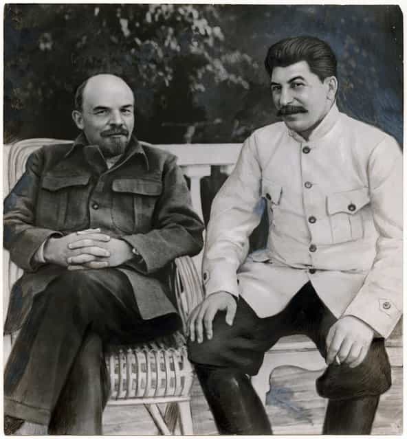 [Lenin and Stalin in Gorky, 1922] by Unknown, Russian, 1949. In this widely reproduced image, Joseph Stalin and Vladimir Ilich Lenin – the leader of the Bolshevik Revolution and founder of the U.S.S.R. – appear to share a friendly moment together outdoors at Gorki, Lenin’s estate just south of Moscow. Although Stalin did visit Lenin there frequently, the photograph has been heavily reworked: retouchers smoothed Stalin’s pockmarked complexion, lengthened his shriveled left arm, and increased his stature so that Lenin seems to recede benignly beside his trusted heir apparent. The reality was quite different: in a letter dictated around the time the picture was taken, Lenin described Stalin as intolerably rude and capricious and recommended that he be removed from his position as the Communist Party’s secretary general. (Photo courtesy of The Metropolitan Museum of Art)