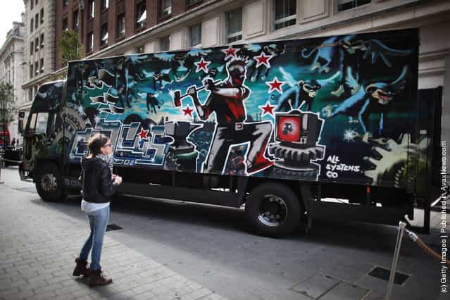 An Articulated Lorry Adorned With Artwork By Banksy Arrives Ahead Of The Start Of Frieze Art Fair