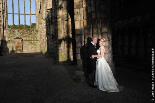 England rugby captain Mike Tindall and Zara Phillips are pictured in Holyrood Abbey, Palace of Holyroodhouse after their marriage at Canongate Kirk