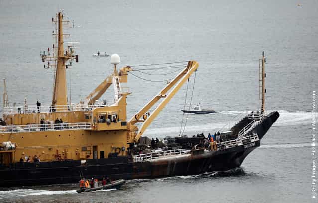A ship being used for the filming of World War Z sets sail from Falmouth Harbour