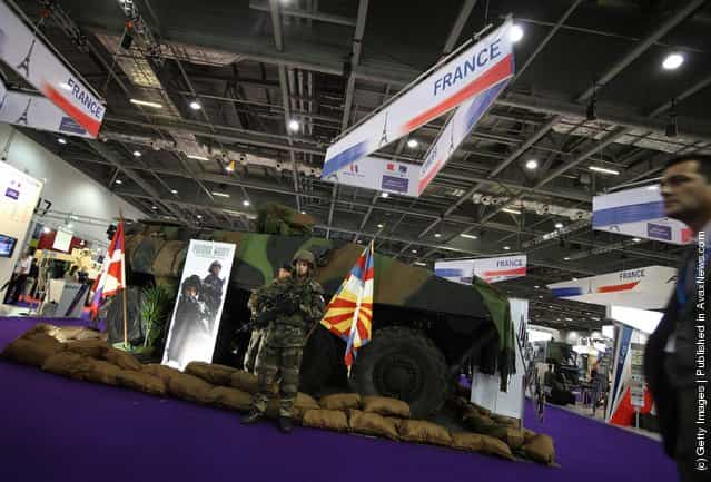 A French military combat command vehicle is displayed at The Defence and Security Exhibition