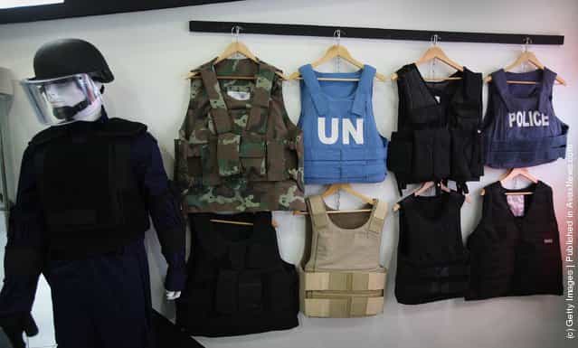 South African body armour is displayed at the Defence and Security Exhibition