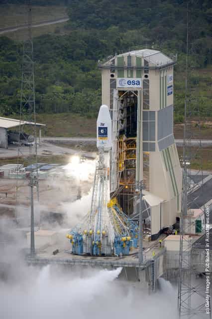 Soyuz VS01 rocket is lifts off at the European Spaceport in Kourou, French Guiana