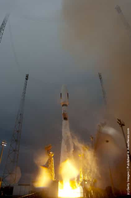 Soyuz VS01 rocket is lifts off at the European Spaceport in Kourou, French Guiana