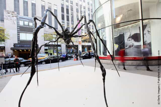 Spider-Man: Turn Off the Dark actor Craig Henningsen walks beneath the 21-foot wide Spider sculpture by artist Louise Bourgeois