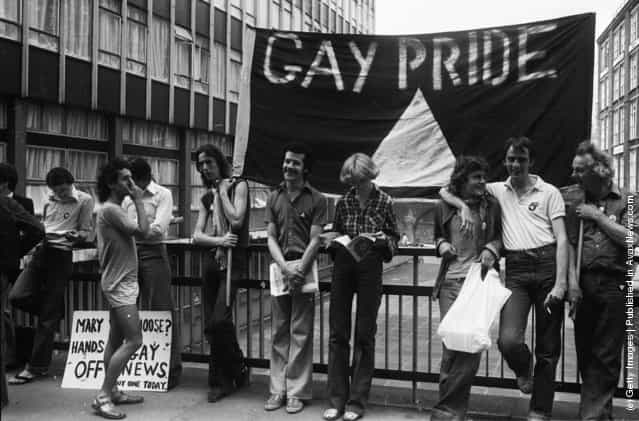 1977: Members of the Gay Liberation Movement protesting outside the Old Bailey over Mary Whitehouse's court action against the Gay News Magazine