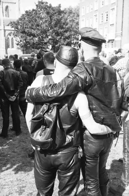 A gay couple at an S&M Pride march, London, 9th September 1995