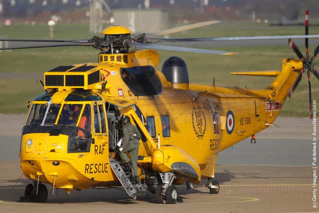 A Royal Air Force search and rescue helicopter prepares to leaves RAF Valley as the search continues for the crew of cargo vessel The Swanland which sank off north Wales on November 27, 2011 in Anglesey, Wales