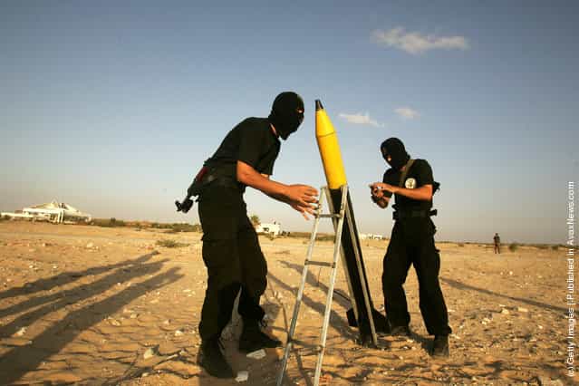 A rocket, similar to the Al-Qassam rockets used against Israeli is prepared for launch