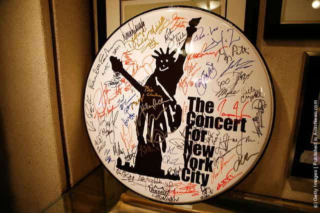 A signed drumhead from The Concert For New York City