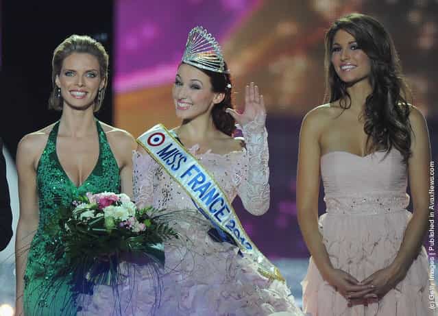 Delphine Wespiser reacts as she celebrates being crowned Miss France 2012 on stage