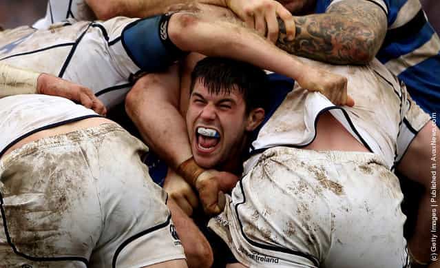 Guy Mercer of Bath in a scrum during the Heineken Cup match between Bath Rugby and Leinster at Recreation Ground