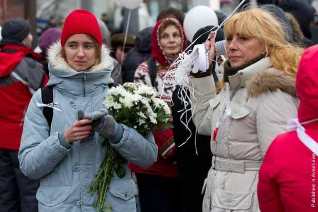 Demonstrators take part in a mass anti-Putin rally on December, 24, 2011 in Moscow, Russia