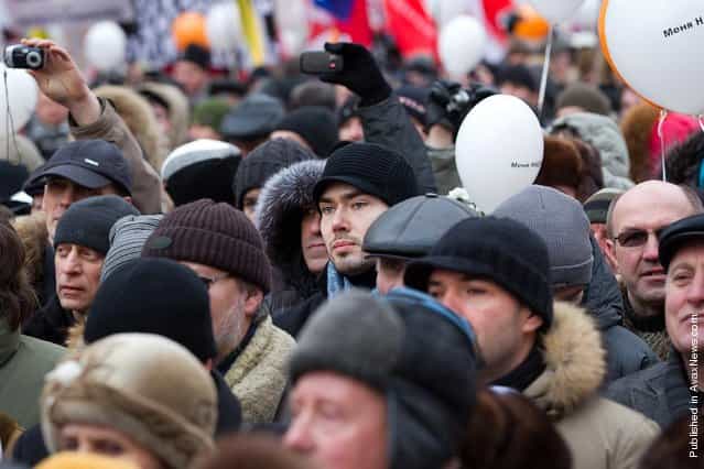 Demonstrators take part in a mass anti-Putin rally on December, 24, 2011 in Moscow, Russia