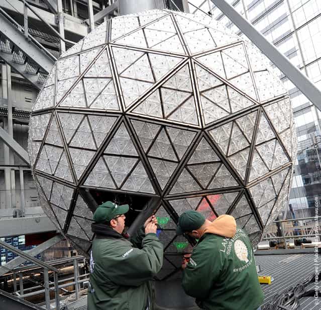 Installation Of 288 New Waterford Crystal Triangles On The 2012 Times Square New Years Eve Ball