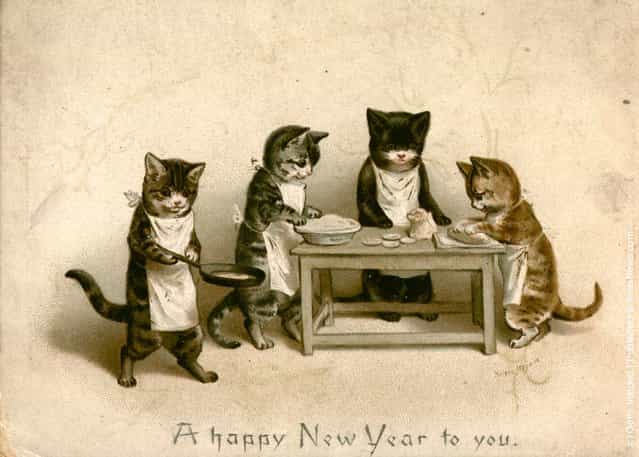 1880: Kittens cooking rat pie on a New Years greetings card