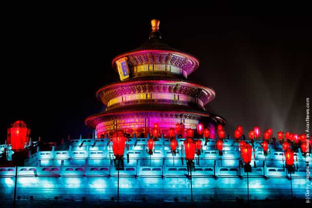 The Temple of Heaven (The Qi Nian Temple) is illuminated as Beijing celebrates the New Years Eve at the Temple of Heaven Park
