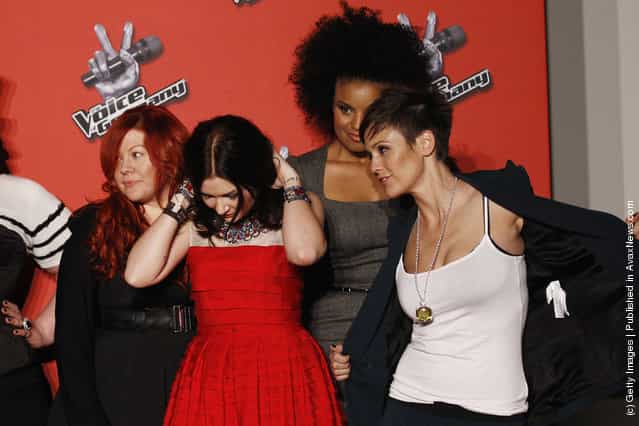 Talents Yasmina Hunzinger, Lisa Martine Weller, Kim Sanders and Sharron Levy pose during a photocall to the TV show The Voice of Germany