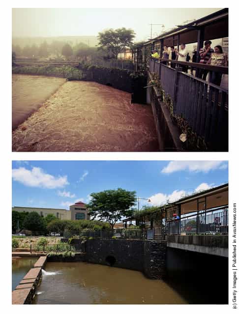 In this composite image (top) flooding is seen in the Toowoomba central business district on January 10, 2011 and (bottom) the same location as seen on January 5, 2012 in Toowoomba, Australia