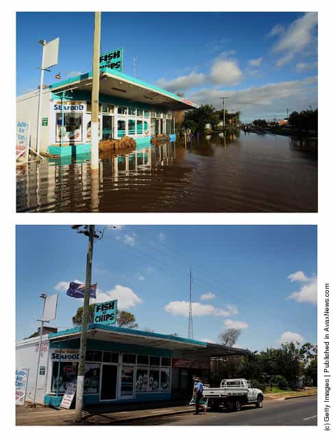 In this composite image (top) flood damage is seen in the Toowoomba central business district on January 10, 2011 and (bottom) the same location as seen on January 5, 2012 in Toowoomba, Australia