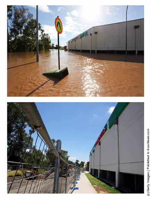 In this composite image (top) flood damage is seen in the Toowoomba central business district on January 10, 2011 and (bottom) the same location as seen on January 5, 2012 in Toowoomba, Australia