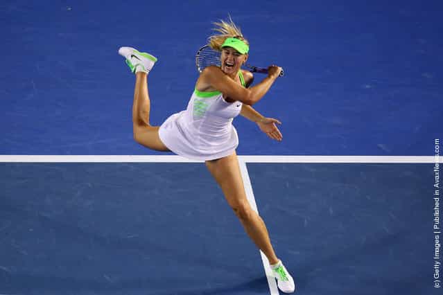 Maria Sharapova of Russia plays a forehand in her fourth round match against Sabine Lisicki of Germany during day eight of the 2012 Australian Open at Melbourne