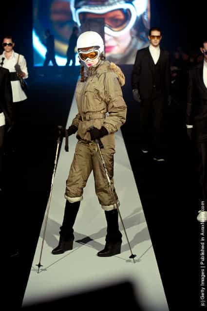 A model walks down the runway during the Safilo fashion show at the Mercedes-Benz Fashion Pavilion