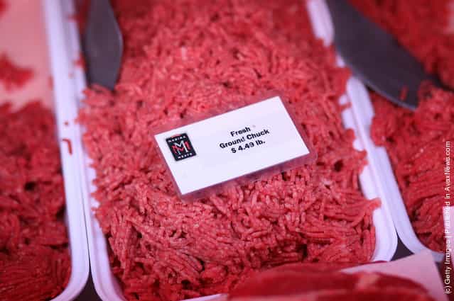 Fresh ground beef is displayed at Marina Meats