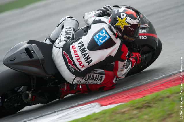 Jorge Lorenzo of Spain and Yamaha Factory Team rounds the bend during the third day of MotoGP testing at Sepang Circuit