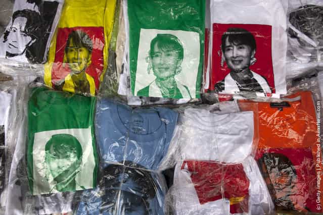 Aung San Suu Kyi T-shirts are for sale along the city streets in Yangon, Myanmar