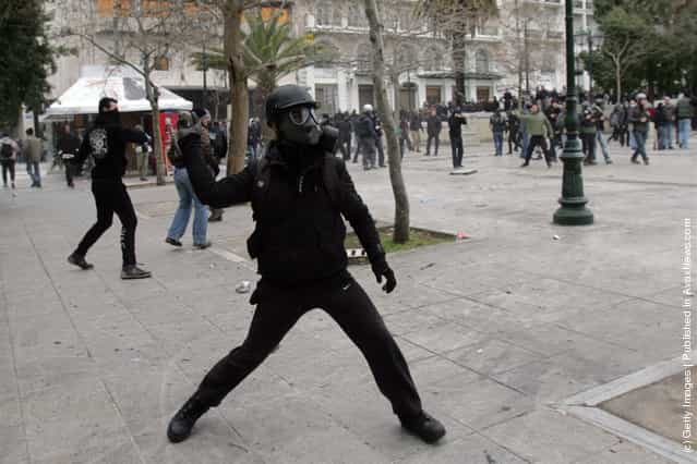 Protestors during a demonstration involving thousands of civilians on February 10, 2012 in Athens, Greece