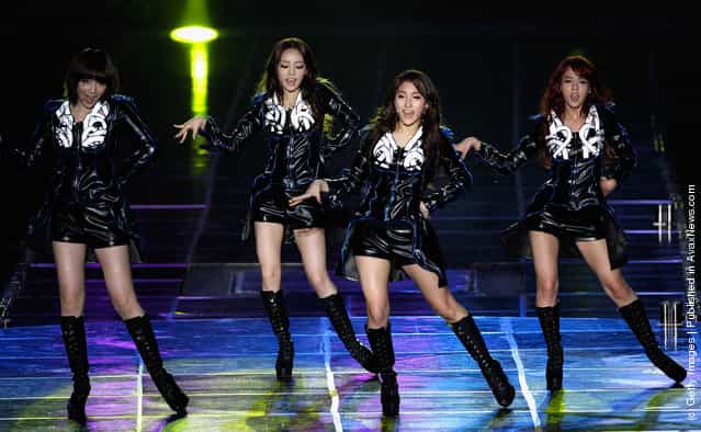 KARA perform on stage during their first solo concert KARASIA at Olympic gymnasium on February 18, 2012 in Seoul, South Korea