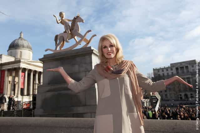 Actress Joanna Lumley unveils a sculpture entitled Powerless Structures, Fig.101 designed by Danish artist Michael Elmgreen and Norwegian artist Ingar Dragset on the Fourth Plinth in Trafalgar Square