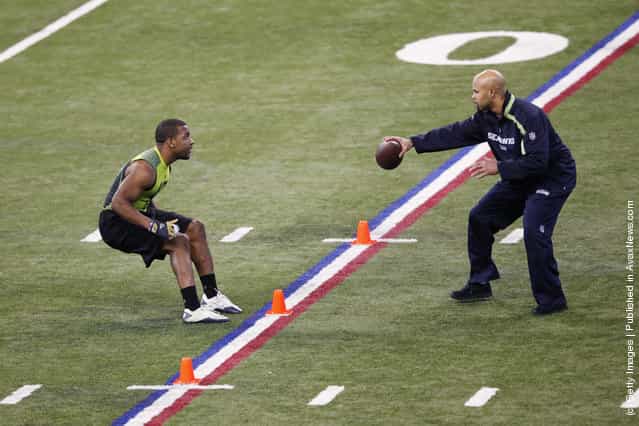 Defensive back Antwuan Reed of Pittsburgh participates in a drill during the 2012 NFL Combine at Lucas Oil Stadium