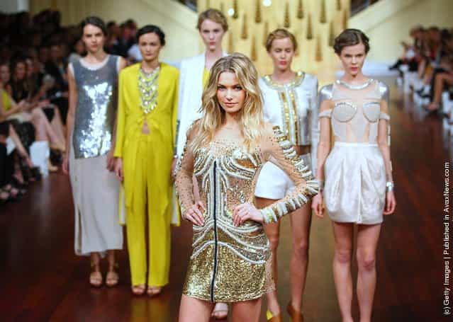 Model Jessica Hart showcases designs by Sass and Bide on the catwalk at the Myer A/W 2012 Collection Launch