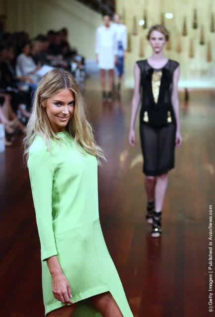Model Jennifer Hawkins showcases designs by Magdalena Velevska on the catwalk at the Myer A/W 2012 Collection Launch
