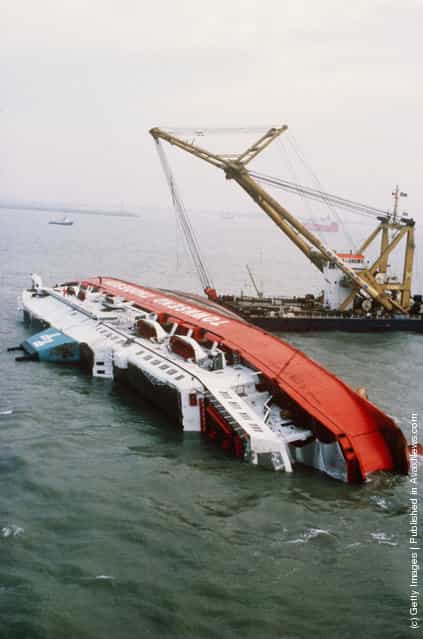 The wreck of the Herald of Free Enterprise roll-on roll-off car and passenger ferry two days after it capsized near Zeebrugge on the 6th of March 1987, killing 193 people