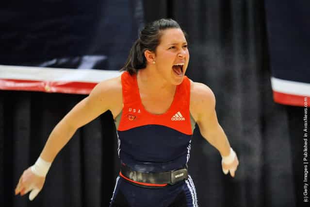 Natalie Burgener celebrates after successfully snatching 95 kilograms during the 2012 U.S. Olympic Team Trials for Womens Weightlifting