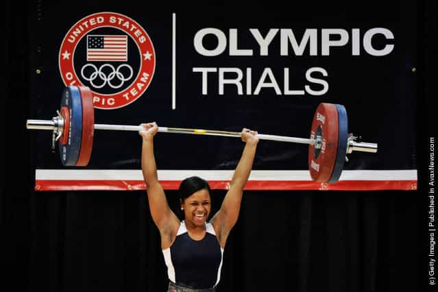Jenny Arthur is all smiles after her successful 115 kilogram clean and jerk attempt during the 2012 U.S. Olympic Team Trials for Womens Weightlifting