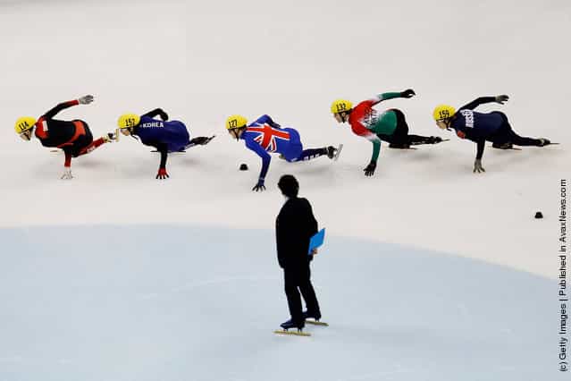 (L-R) Gong Qiuwen of China,Kwak Yoon-Gy of Korea, Richard Shoebridge of Great Britain,Viktor Knoch of Hungary and Elistratov Semen of Russia compete in the Men's 1000m Preliminaries during day three of the ISU World Short Track Speed Skating Championships at the Oriental Sports Center